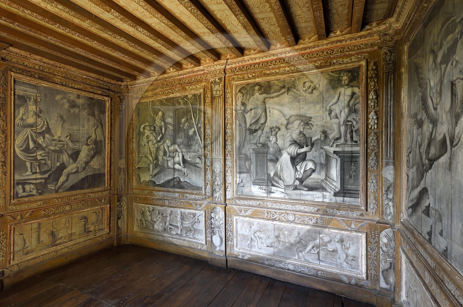 France, Dordogne (24), Périgord Noir, vallée de la Dordogne, Marquay, château de Puymartin, reconstruit au XVe siècle après la Guerre de Cent Ans, le cabinet mythologique entièrement peinte en grisaille