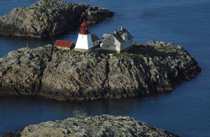 Norway, Nordland County, lighthouse of Moholmen off the Lofoten islands (aerial view)