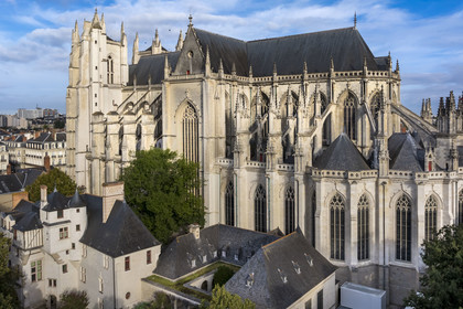 France, Loire Atlantique, Nantes, Bouffay district, Saint Pierre and Saint Paul cathedral, Gothic manor of La Psallette at its feet (aerial view)