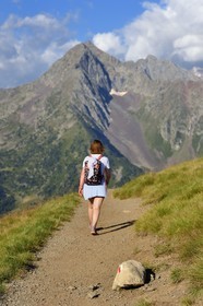 France, Hautes Pyrenees, Saint Lary Soulan and Vielle-Aure, hike on a variant of the GR10 between the Portet pass and the Bastan lakes on the edge of the Neouvielle nature reserve in the background