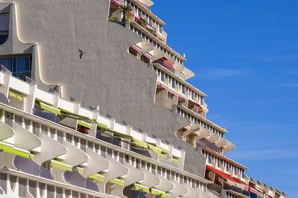 France, Herault, La Grande-Motte, labeled 20th century heritage, Levant (rising sun) district east of the port, the Concorde and Acapulco buildings of the architectural firm Jean Balladur, also nicknamed the Noses of De Gaulle