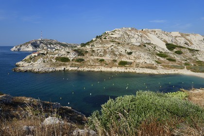 France, Bouches du Rhone, Marseille, Calanques National Park, archipelago of Frioul islands, Ratonneau island, Ratonneau Fort overlooking Saint Esteve beach