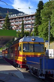 Switzerland, Canton of Vaud, Villars-sur-Ollon train station, train to the Bretaye pass station, the former Villars-palace Hotel du Club Méditerranée in the background