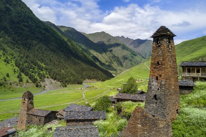 Georgia, Kakheti, Tusheti National Park, Alazani River Valley in the mountains of Pirikiti, village of Dartlo (aerial view).