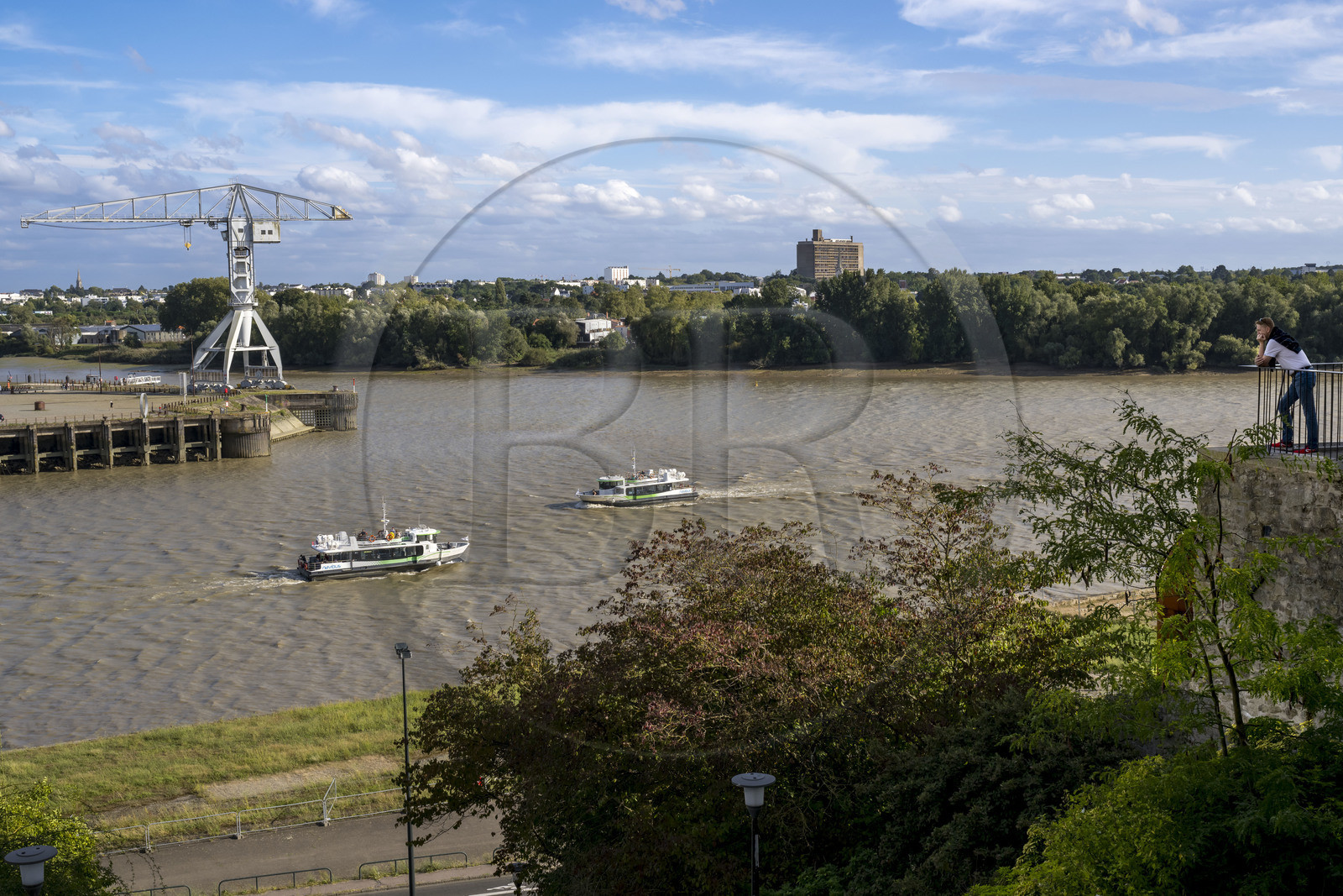France, Loire-Atlantique (44), Nantes, Ile de Nantes, le Navibus passant devant le Hangar à Bananes sur les quais de Loire, la Grue Titan grise et la Maison Radieuse de Le Corbusier en arrière plan, vue depuis les hauteurs de Chantenay