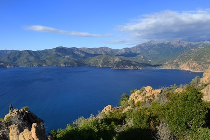 France, Corse-du-Sud (2A), Golfe de Porto, classé Patrimoine Mondial de l'UNESCO, calanches de Piana aux rochers de granit rose depuis le lieu dit du Chateau-Fort
