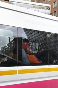 South Africa, Gauteng Province, Johannesburg, passenger in a bus in Marschalltown