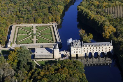 France, Indre et Loire, the Renaissance style Chateau de Chenonceau and its formal garden on Cher river banks (aerial view)