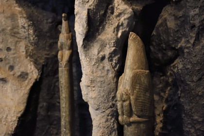 Zimbabwe, Masvingo province, the archaeological site of Great Zimbabwe museum, UNESCO World Heritage List, tall poles each surmounted by a soapstone bird performing a ritual function and found in the Hill Complex eastern enclosure