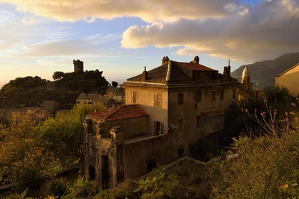 France, Haute Corse, Cap Corse, the hilltop village of Nonza and the Paoline Tower (Torra paolina)