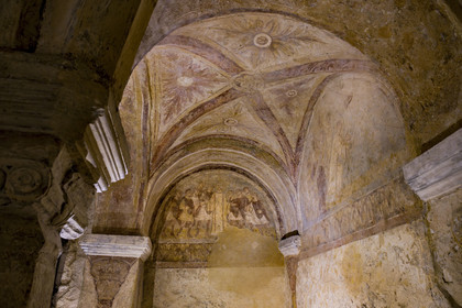 France, Yonne, Auxerre, Saint Germain Abbey church, crypt with Carolingian architecture, oratory dedicated to the first Christian martyr Saint Stephen with its unique frescoes from the 9th century, the ecstasy of Saint Stephen