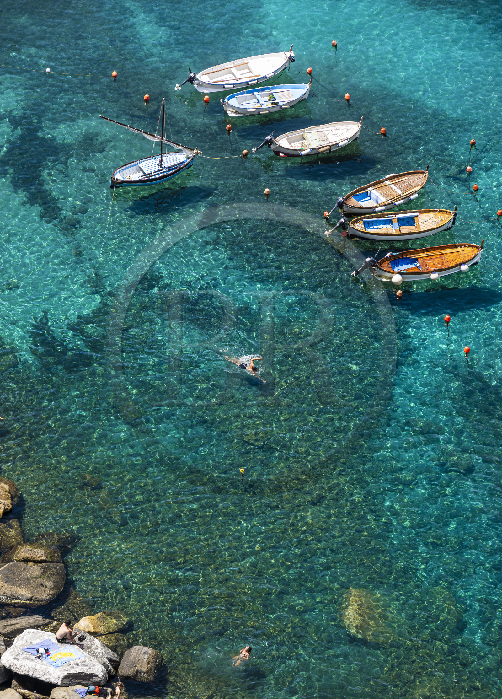 Italie, Ligurie, Cinque Terre, parc national des Cinque Terre classé Patrimoine Mondial de l'UNESCO, barques et nageurs dans le port du village de Vernazza
