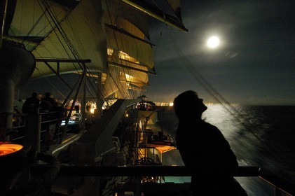 Caribbean sea, the five masted ship SPV Royal Clipper with every sail set under full moon