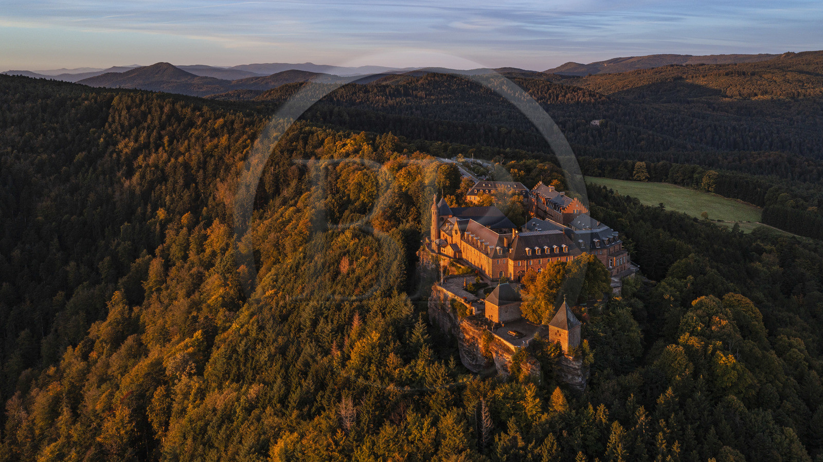 France, Bas Rhin, Mont Saint Odile, Mont Sainte-Odile Abbey also known as Hohenburg Abbey facing the plain of Alsace (aerial view)