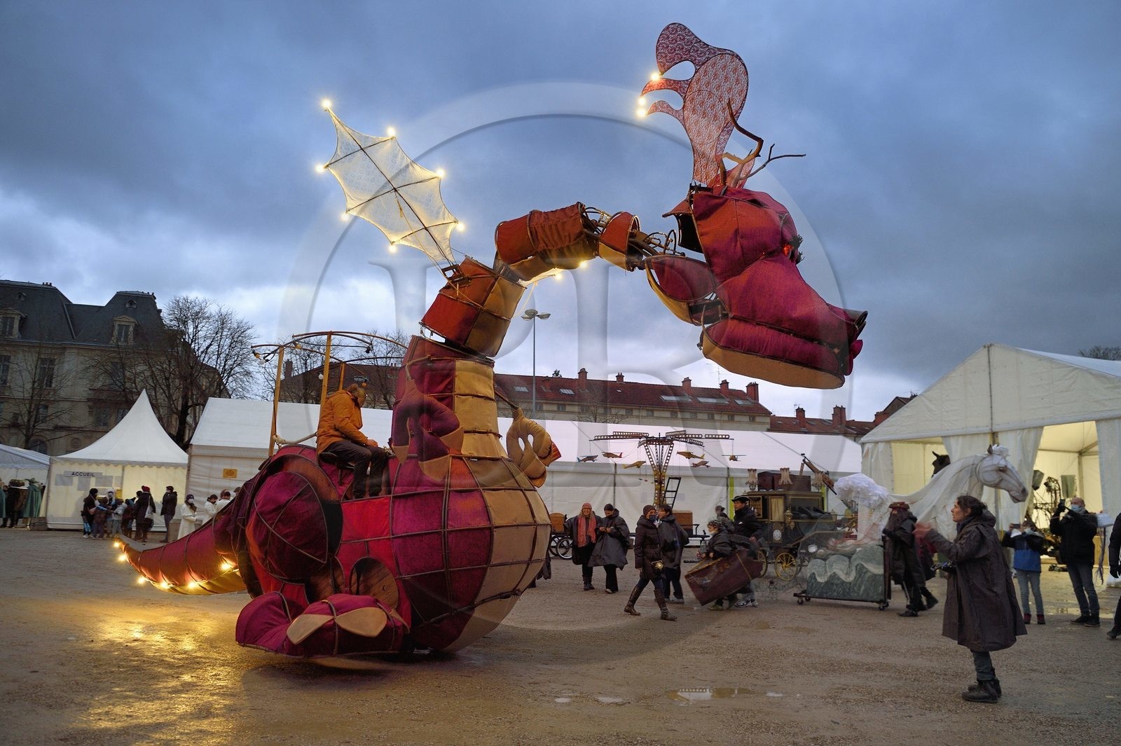 France, Meurthe-et-Moselle, Nancy, preparations for the parade of Saint-Nicolas place Carnot, Josephine the dragon, wild transport of the Four Seasons Company
