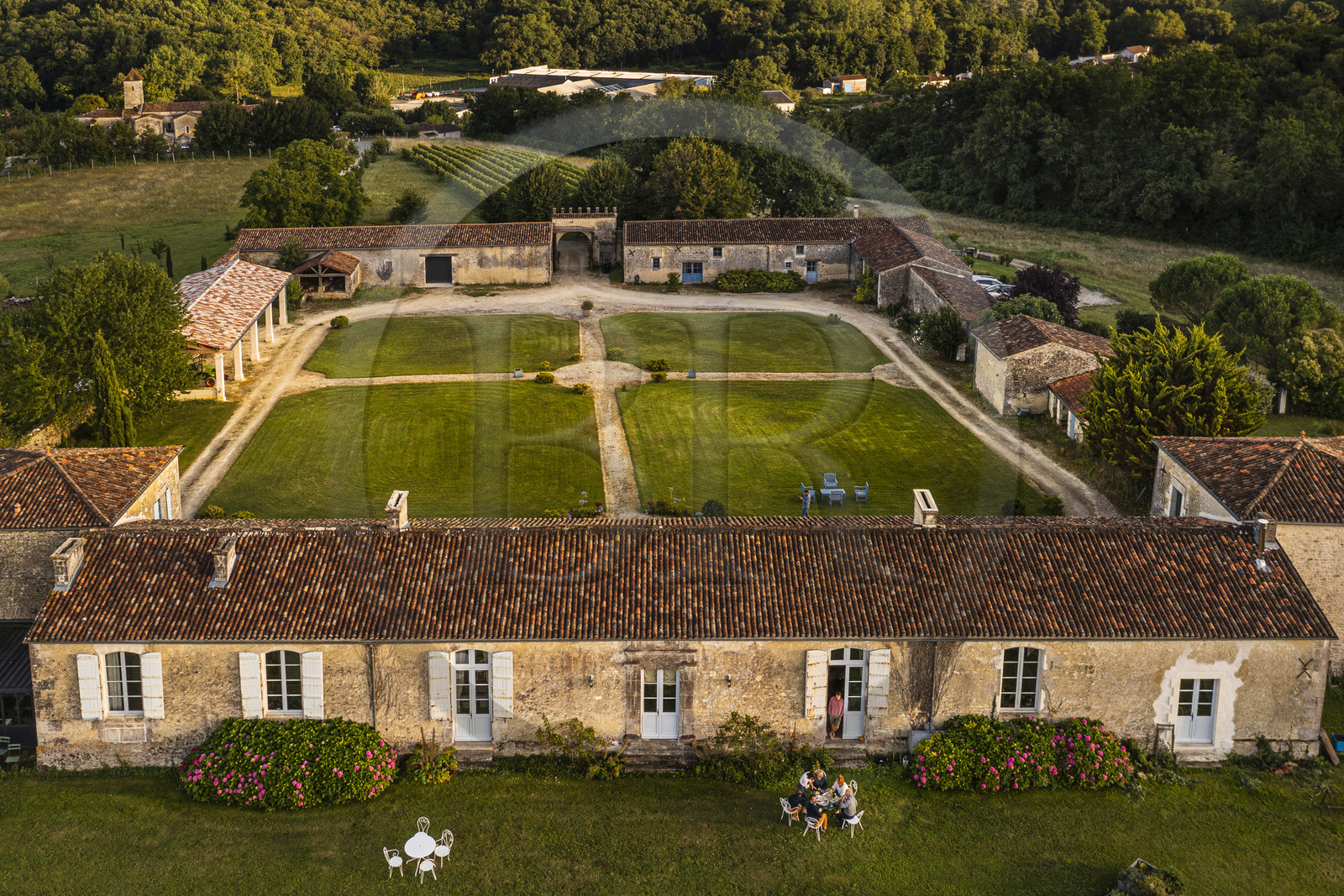France, Charente-Maritime, Saintonge, Saint Bris des Bois, the bed and breakfast Logis de l'Astrée in a 17th century Saintonge dwelling (aerial view)