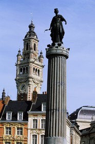 France, Nord, Lille, Grand Place, the goddess and the belfry of the Chamber of commerce