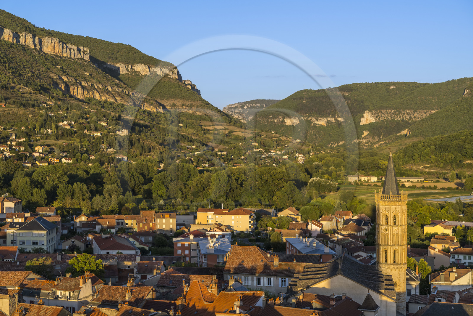 France, Aveyron, Millau, the Notre-Dame de l'Espinasse church and the Puncho d'Agast mountain in the background