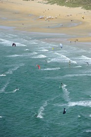 France, Morbihan, kitesurfing on Erdeven and Plouharnel beach (aerial view)