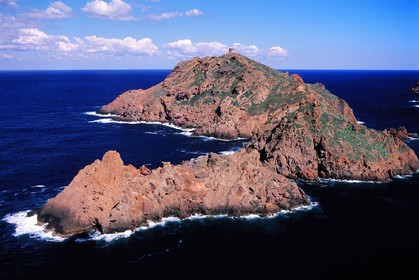 France, Corse du Sud, Genoese tower of the Gargalo island in the Scandola Nature Reserve listed as World Heritage by UNESCO (aerial view)