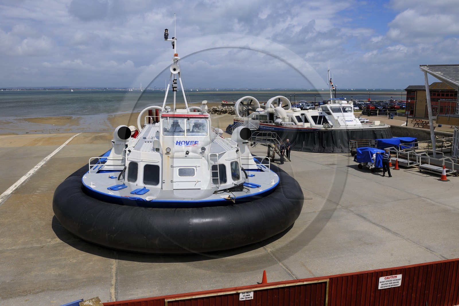 United Kingdom, England, Hampshire, Isle of Wight, Ryde, ferries from Southsea Portsmouth (in the background) to Ryde with the hovercraft (air-cushion vehicle, ACV) from Hover Travel