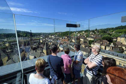 France, Dordogne, Perigord Noir, Dordogne valley, Sarlat la Caneda, place de la Liberté, elevator of St. Mary's Church converted into a covered market and cultural center by the architect Jean Nouvel, architect Jean Nouvel, compulsory mention