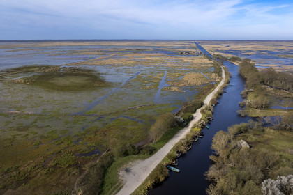 France, Loire-Atlantique, Parc Naturel Regional de la Briere (Briere Natural Regional Park), Saint Malo de Guersac, panorama of the Brière marshes and the Rozé canal (aerial view)