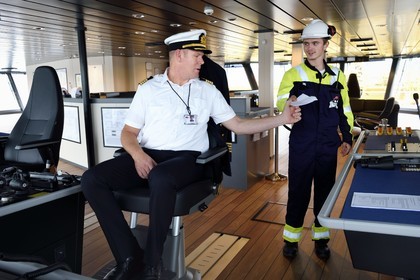 Norway, Ostfold County, Halden, Nexans Aurora cable-laying vessel, Norwegian captain Bjarte SYLTA on the bridge
