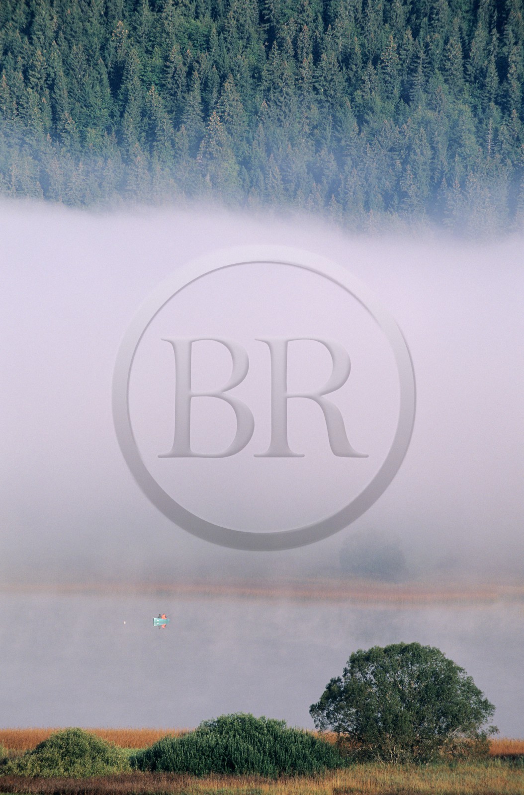 France, Doubs, fishermen on the Saint Point lake in early hours mist
