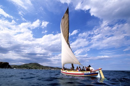 France, Pyrenees Orientales, Banyuls sur Mer, traditional catalan fishing boat along the cote Vermeille (Vermillion Coast)