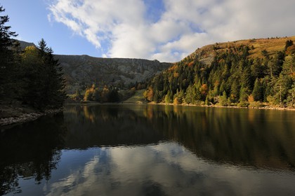 France, Haut-Rhin (68), en contrebas de la route des Crêtes, le lac des Truites ou lac du Forlet, situé dans un ancien cirque glaciaire au pied du massif du Tanet