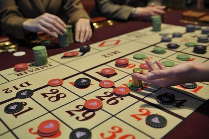 France, Calvados, Pays d'Auge, Deauville, the casino (Barriere group), English roulette wheel table