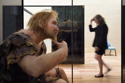 France, Dordogne, Perigord Noir, Vezere Valley, Les Eyzies de Tayac Sireuil, listed as World Heritage by UNESCO, Musee de la Prehistoire (Museum of Prehistory), proposed reconstruction of the Neanderthal Man coming from the archaeological site of Ferrassie