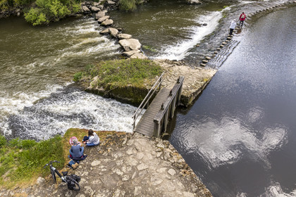 France, Vendee, Saint-Malô-du-Bois, Poupet valley, picnic at the Poupet inn mill on the banks of the Sèvre Nantaise river (aerial view)