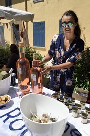 France, Var, Gulf of Saint Tropez, Gassin, labelled Les Plus Beaux Villages de France (The Most Beautiful Villages of France), market day, producer of cote de provence presenting a Methuselah (Mathusalem) on the left and a Jeroboam on the right