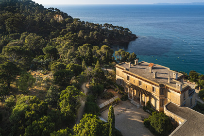 France, Var, Le Rayol Canadel sur Mer, Domaine du Rayol, Conservatoire du Littoral Estate compulsory mention, Jardin des Mediterranees designed by landscaper Gilles Clément, the mansion l'Hôtel de la Mer and the villa Le Rayolet in the background (aerial view)
