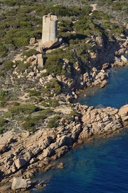 France, Corse du Sud, Monacia-d'Aullene, Olmeto genoese tower (aerial view)