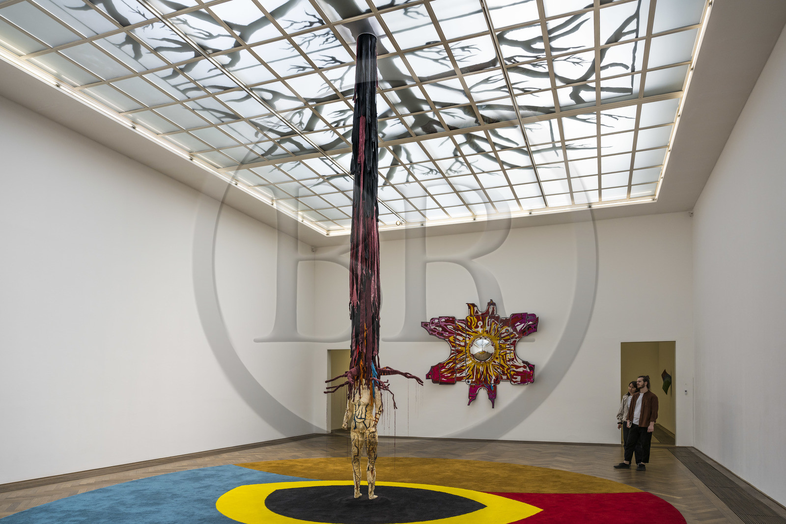 Switzerland, Basel, Kunsthalle Basel, Environmental Hangover, Chapéu Telurico (2022) in the center and view on Flor Satélite (2022) in the background, installation by Pedro Wirz
