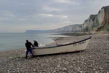 France, Seine-Maritime, Cote d'Albatre, Yport, grounding port on the beach, fishing boat