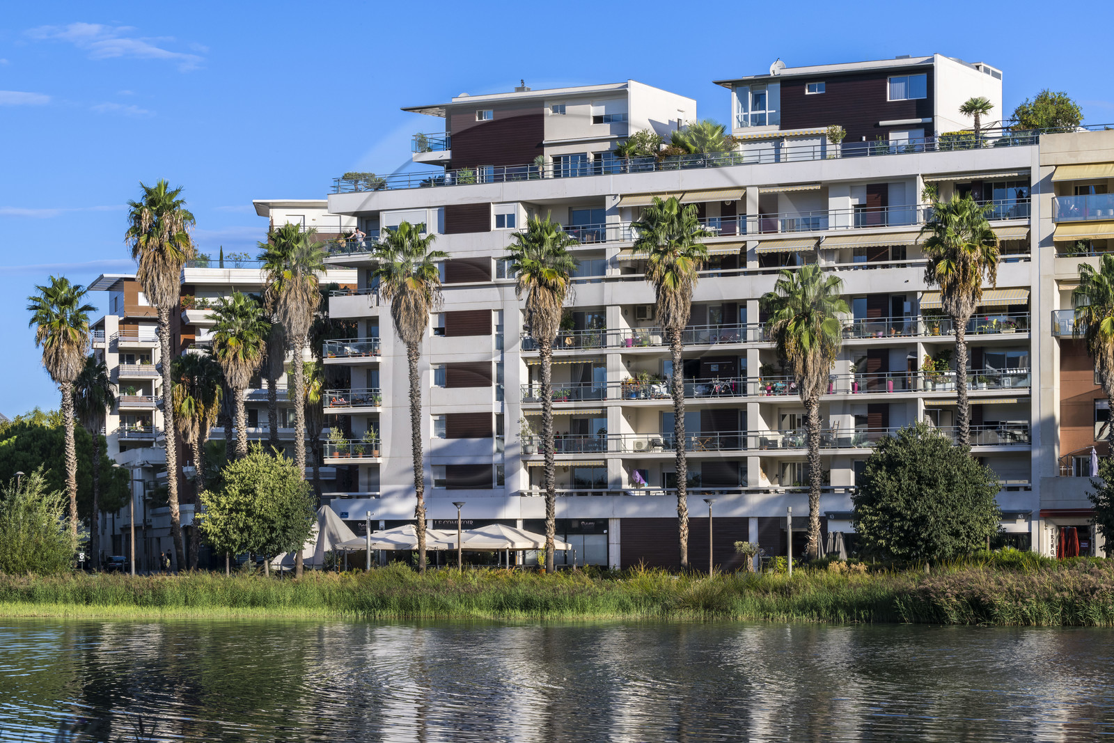 France, Hérault (34), Montpellier,  quartier de Port Marianne, immeuble d'habitation autour du  Bassin Jacques Coeur