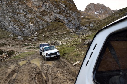 Azerbaijan, Quba (Guba) region, Greater Caucasus mountain range, four wheel drive on the track on the heights of the village of Qalaxudat