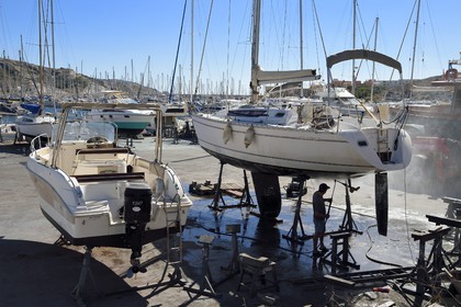 France, Bouches du Rhone, Marseille, Calanques National Park, archipelago of Frioul islands, Ratonneau island, small shipyard on the port of Frioul