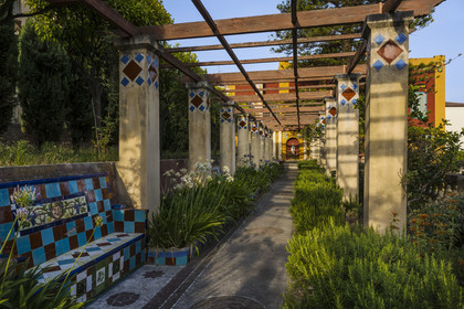 France, Alpes-Maritimes, Menton, Fontana Rosa Garden, elevated villa decorated with ceramics, including the library and the writer's personal cinema, pillared terrace