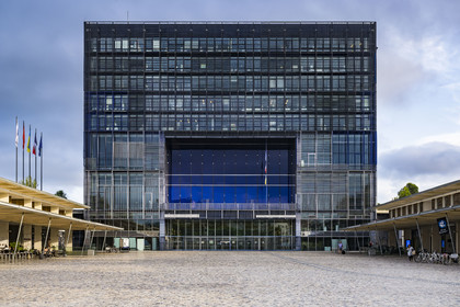 France, Herault, Montpellier, Port Marianne district, the City Hall designed by architects Jean Nouvel and François Fontes and its forecourt