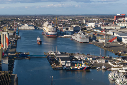 France, Loire-Atlantique, Saint-Nazaire, the Penhoët floating dock and cruise shipyard (aerial view)