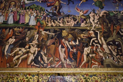 Iran, province d'Ispahan, Ispahan, quartier arménien de la Nouvelle-Djoulfa (Nor Djoura), la Cathédrale Vank plus connue sous le nom de Cathédrale Saint-Sauveur, fresque arménienne représentant le Ciel, la Terre et l'enfer