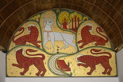 France, Morbihan, Broceliande Forest, Trehorenteuc, Sainte Onnenne church or the Graal chapel in the Arthurian Mythology, mosaic of Cerf blanc au collier d'or (white stag with a golden necklace), drawn by Jean Delpech on the information given by abbe Gillard