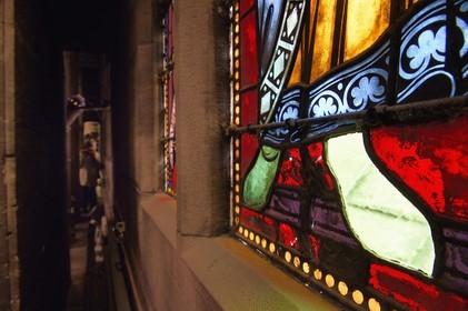 France, Bas Rhin, Strasbourg, old town listed as World Heritage by UNESCO, Notre Dame Cathedral, stained glass of Judah (one of the 12 sons of Jacob) whose left foot voluntarily created lighter by the master glassmaker is at the origin of the phenomenon of the green ray visible each year at the equinoxes