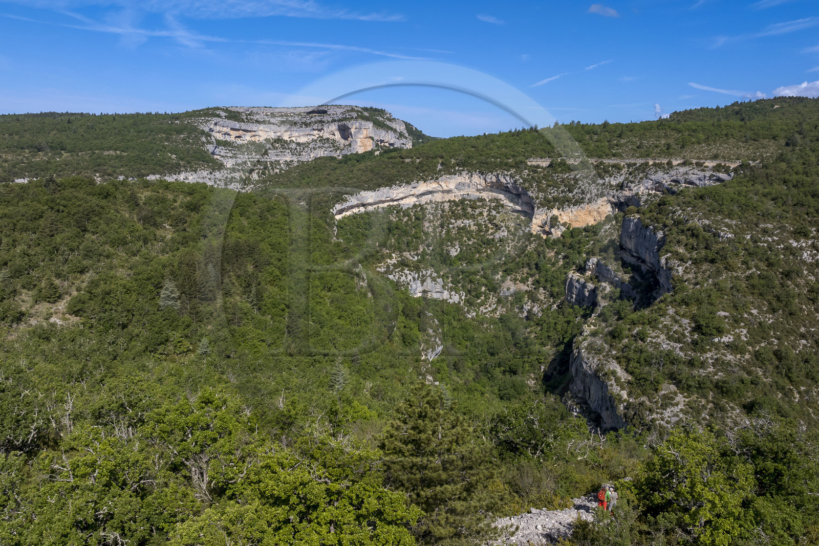 France, Vaucluse (84), Parc naturel régional du Mont Ventoux, Monieux, Gorges de La Nesque, randonneurs sur les hauteurs face au barres rocheuses