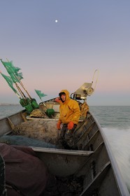 France, Seine-Maritime, off the coast of Veules-les-Roses at dawn, net fishing on the boat La Pomme owned by Anthony Paumier the youngest skipper in France